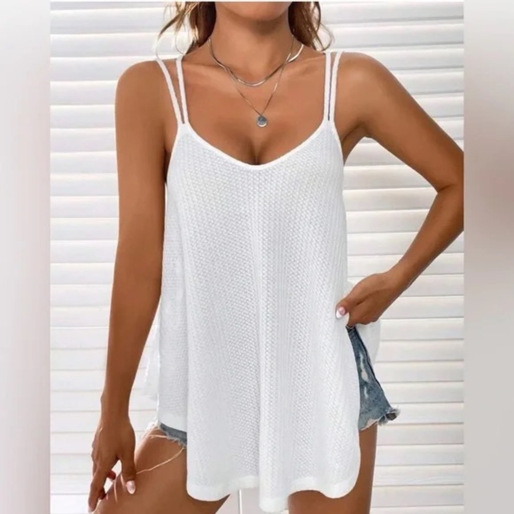 White Waffle Knit Cami Criss Cross Casual Relaxed Fit